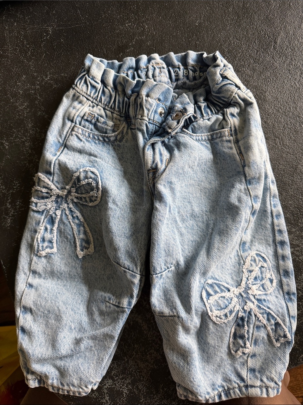 Light Blue Denim Kids Bow-Embroidered Pants